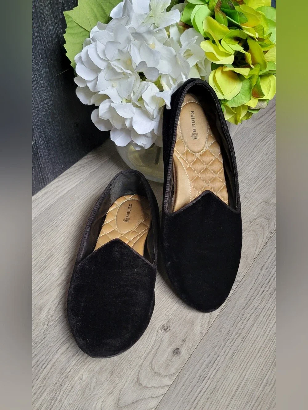 Birdies The Starling Black Velvet Smoking Loafer Slippers & Quilted Insole, US 9